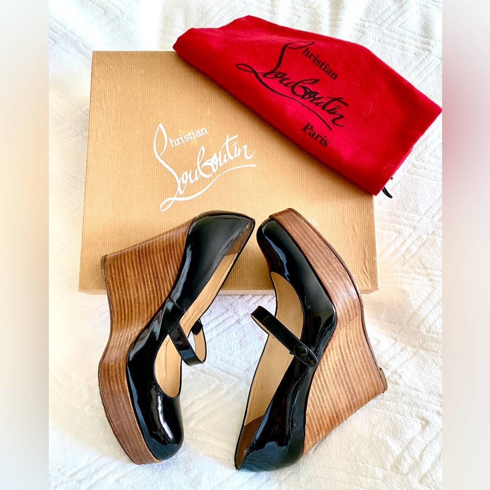 Christian Louboutin “Wallis Zeppa” Platform Mary Jane’s in Black Patent Leather